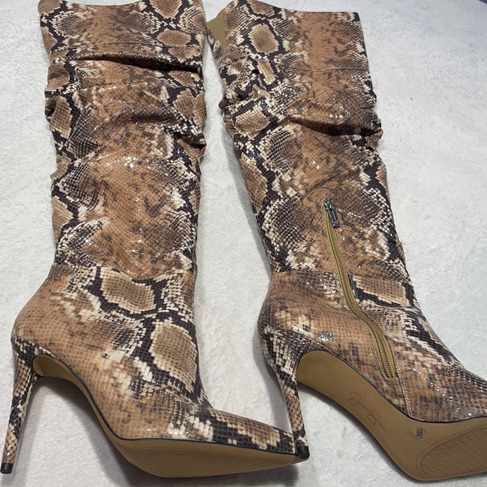 Snake print thigh-high boots